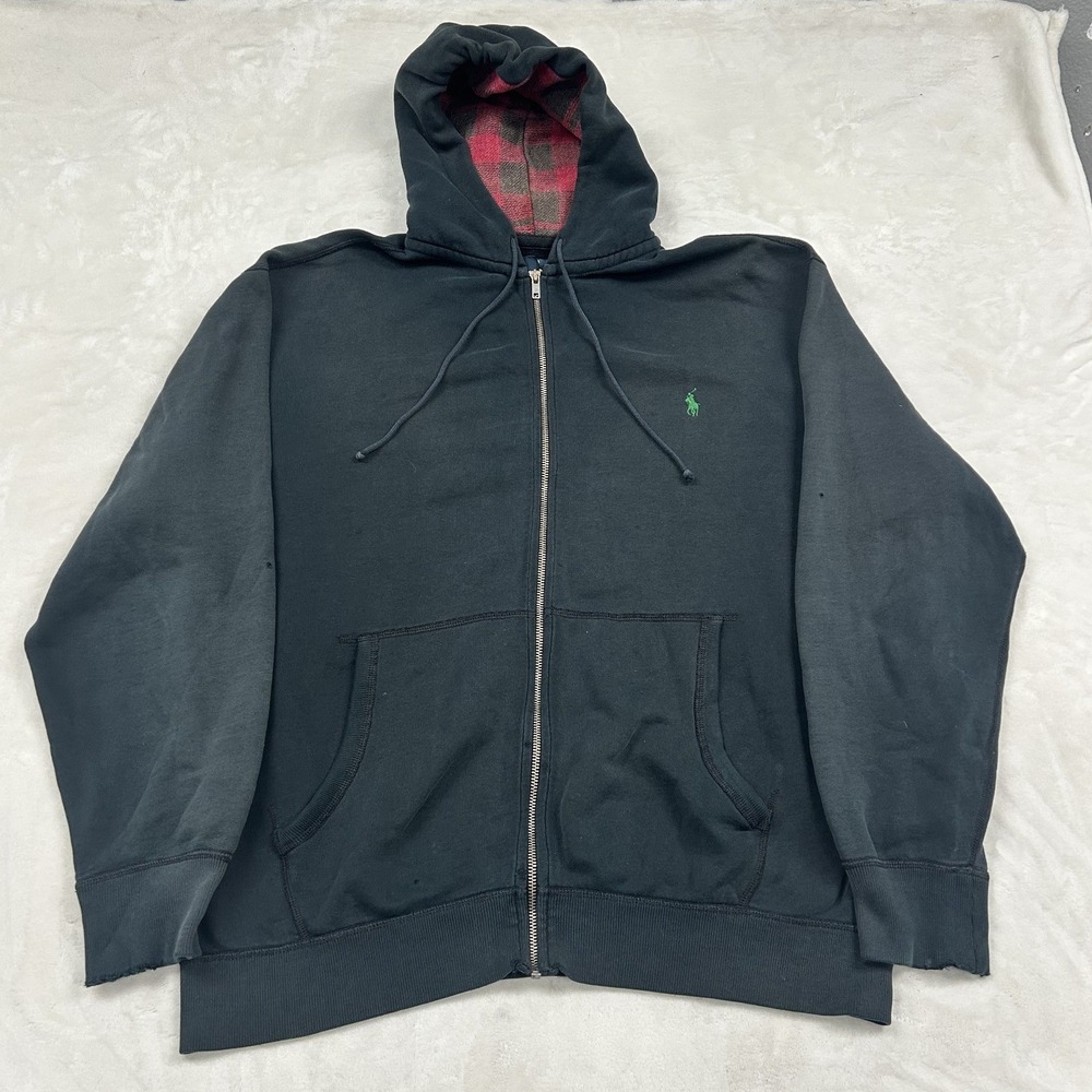 Polo Ralph Lauren Zip Hoodie Mens XLT Black Plaid Lined Fleece Pony Logo